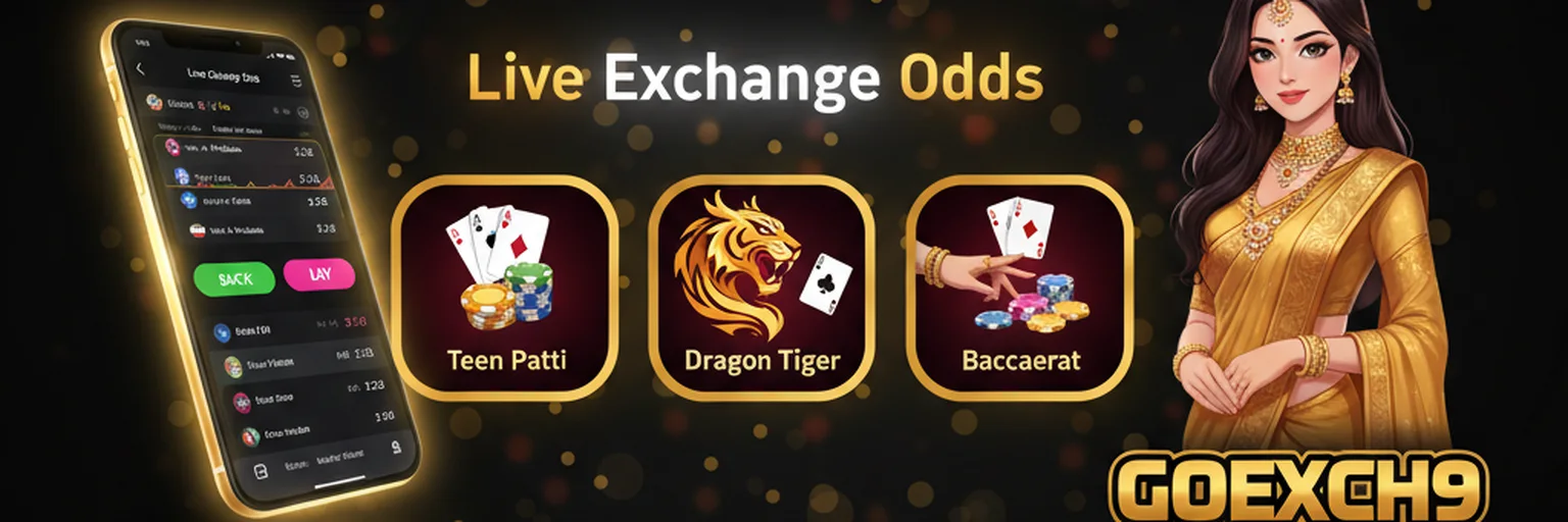 GoExch9 live exchange odds banner with teen patti, dragon tiger and baccarat